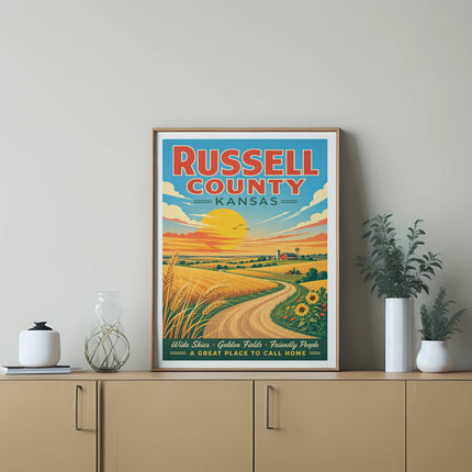 Russell County, Kansas retro travel poster with wheat fields and barn.