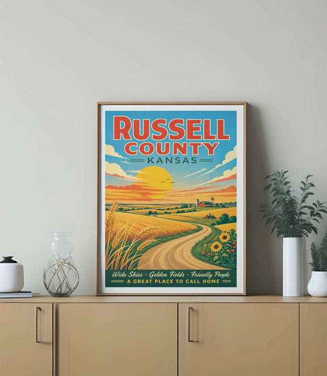 Russell County, Kansas retro travel poster with wheat fields and barn.