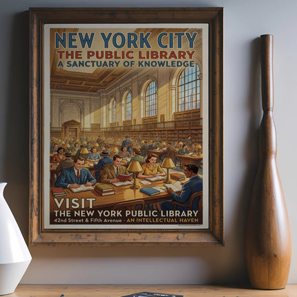 New York City Public Library poster with reading room scene and text.