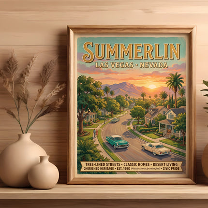 Summerlin Las Vegas Nevada retro poster with classic cars and homes.