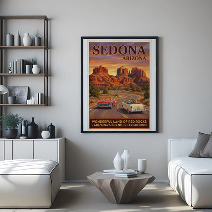 Sedona Arizona poster with red rocks and two classic convertible cars.