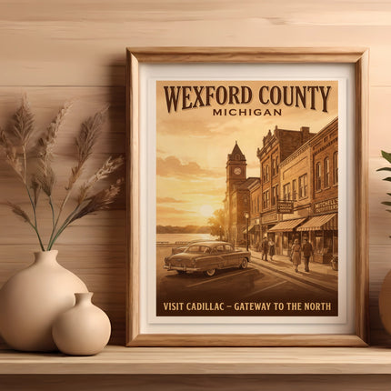 Vintage poster of Wexford County, Michigan, with a classic car and town scene.