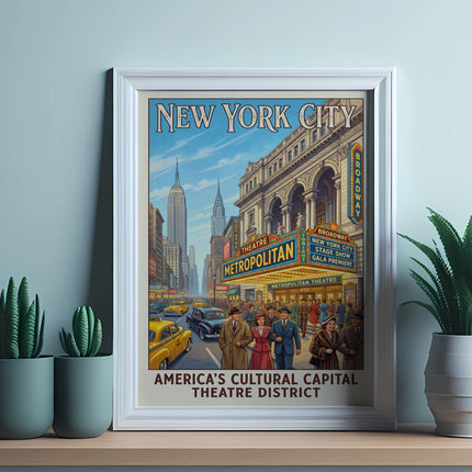 Vintage New York City Broadway theatre district poster with Metropolitan Theatre.