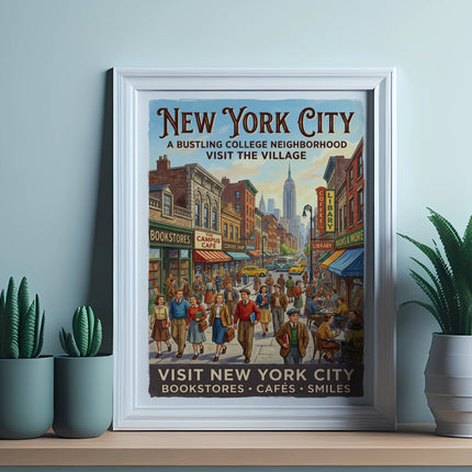 Vintage New York City poster with text "New York City Visit the Village" and street scene.