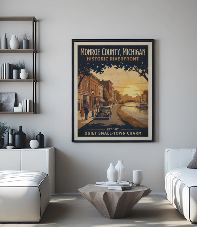 Monroe County, Michigan Historic Riverfront poster with vintage town and sunset scene.