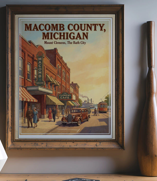 Vintage poster of Macomb County, Michigan with Mount Clemens and The Clemens Cafe.