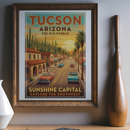 Tucson Arizona vintage travel poster with a desert street scene.
