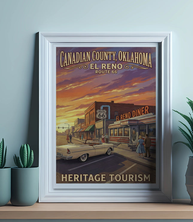 Retro poster of Canadian County, Oklahoma featuring El Reno on Route 66.