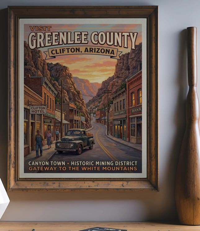 Visit Greenlee County Clifton, Arizona poster with vintage truck and buildings.