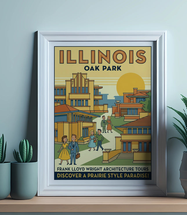 Poster: "Illinois Oak Park" with Frank Lloyd Wright architecture, and people.
