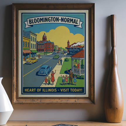 Vintage travel poster for Bloomington-Normal, Illinois, showing a street scene.