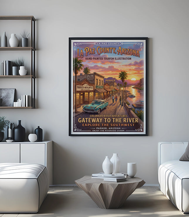 La Paz County Arizona tourism illustration with sunset over river scene.