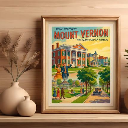 Vintage "Visit Historic Mount Vernon" poster with people, buildings, and a car.