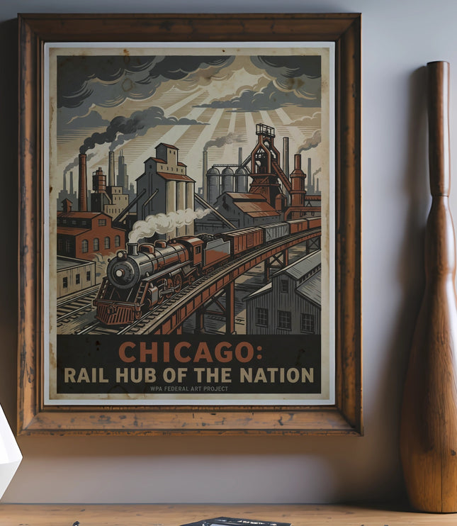 Framed vintage poster of Chicago, a rail hub, with train and factories.