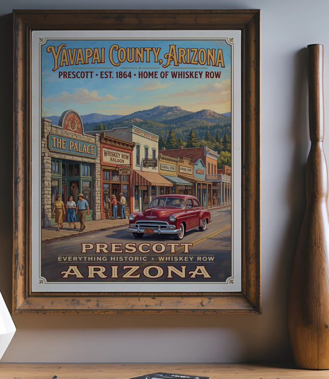 Vintage Prescott Arizona poster with Whiskey Row, The Palace, and a red car.