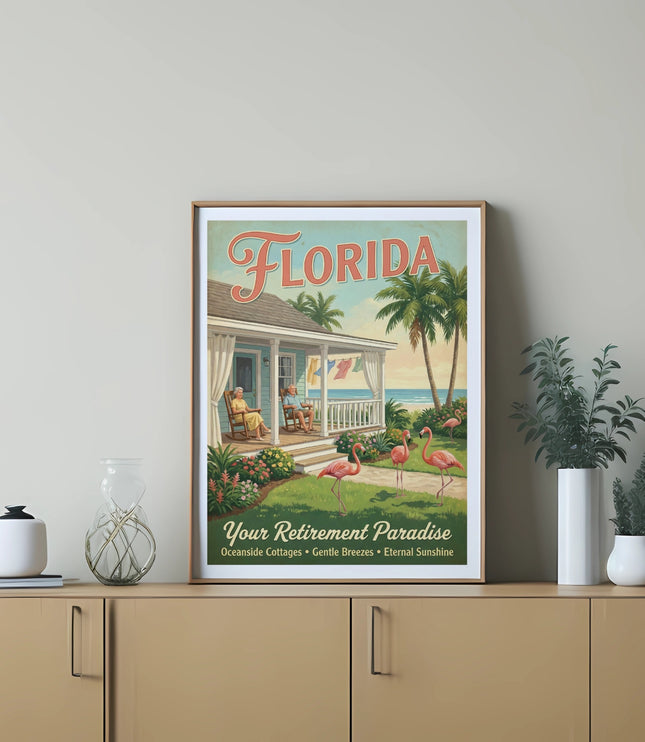 Florida retirement paradise poster with flamingos, a cottage, and an ocean view.