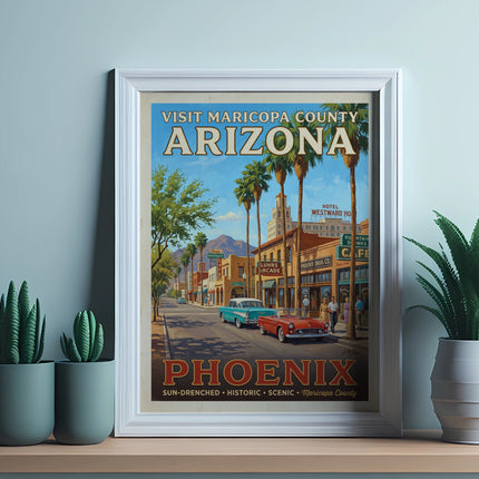 Vintage Phoenix Arizona travel poster with classic cars and buildings.