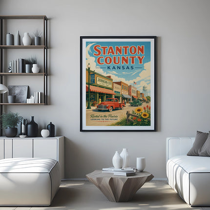 Stanton County Kansas travel poster with downtown Johnson City and "Rooted in the Prairie" text.