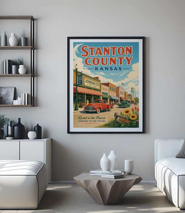 Stanton County Kansas travel poster with downtown Johnson City and "Rooted in the Prairie" text.