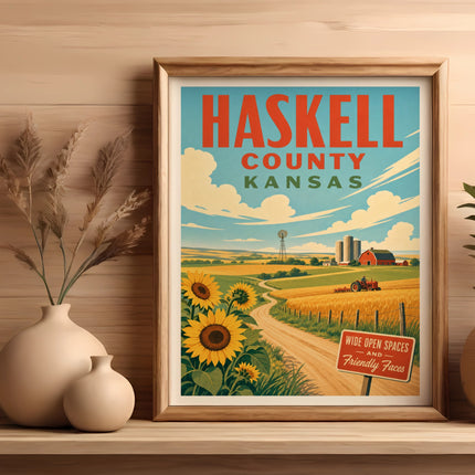 Haskell County, Kansas vintage travel poster with sunflowers and farm scene.