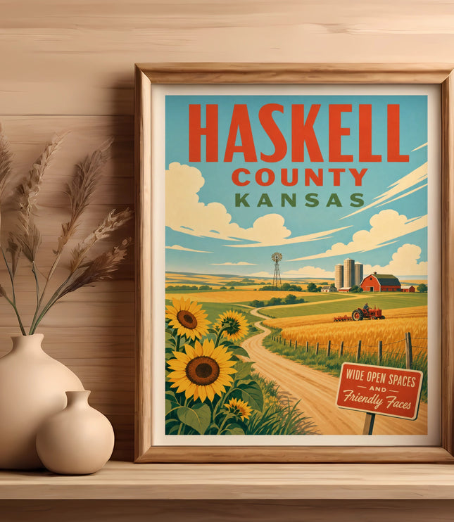 Haskell County, Kansas vintage travel poster with sunflowers and farm scene.