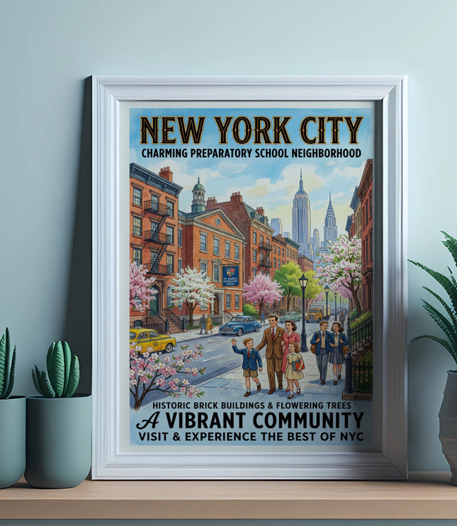 New York City art with historic buildings, families, and city skyline.