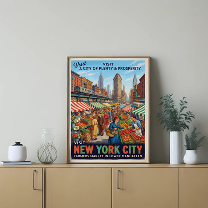 Vintage poster for New York City Farmers Market with produce and flowers.