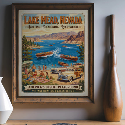 Lake Mead, Nevada vintage travel poster with boats and people enjoying the water.