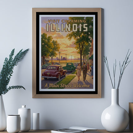 Vintage poster with "Visit Charming Illinois A Main Street Welcome" text and retro cars.