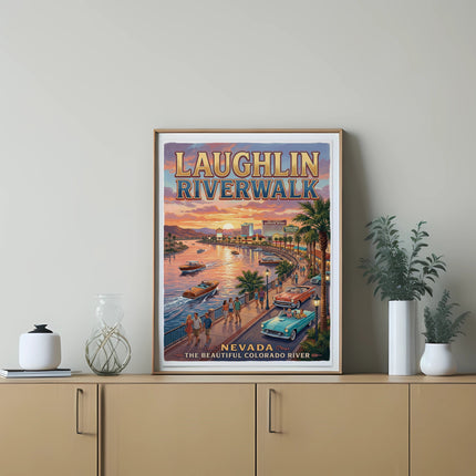 Laughlin Riverwalk poster showing boats, people on shore, and vintage cars at sunset.