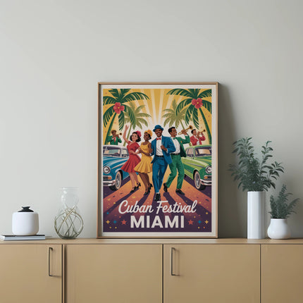 Cuban Festival Miami poster with dancing couples and classic cars.