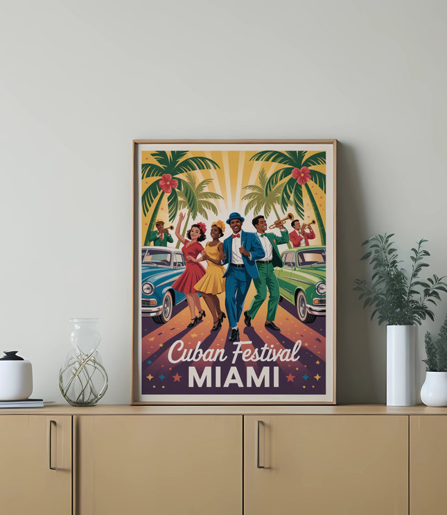 Cuban Festival Miami poster with dancing couples and classic cars.