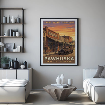 Poster shows Pawhuska, Oklahoma street scene with vintage car and shops.