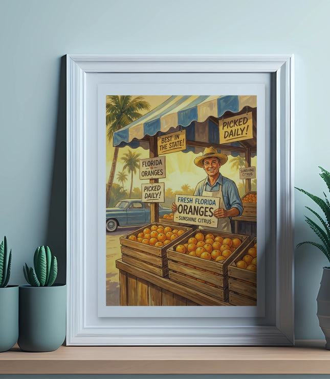 Man at fresh Florida orange stand with wooden crates and signs.