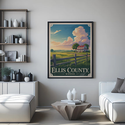 Vintage travel poster for Ellis County, Kansas, featuring a rural landscape.