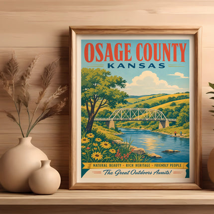 Osage County, Kansas vintage travel poster with bridge, river, and fields.