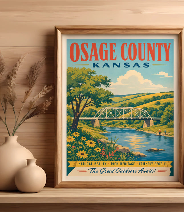 Osage County, Kansas vintage travel poster with bridge, river, and fields.