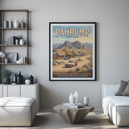 Pahrump, Nevada vintage travel poster with desert landscape and town scene.