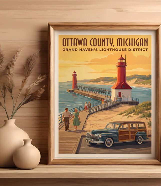 Ottawa County, Michigan, Grand Haven's Lighthouse District poster with a vintage car.