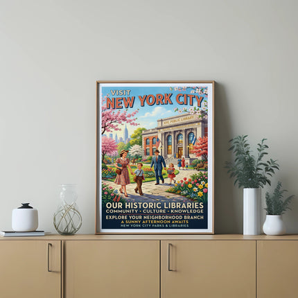 Vintage New York City Public Library poster with family exploring branch.