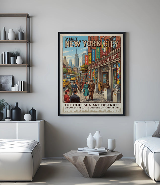 Retro New York City art print featuring the Chelsea Gallery and skyline.