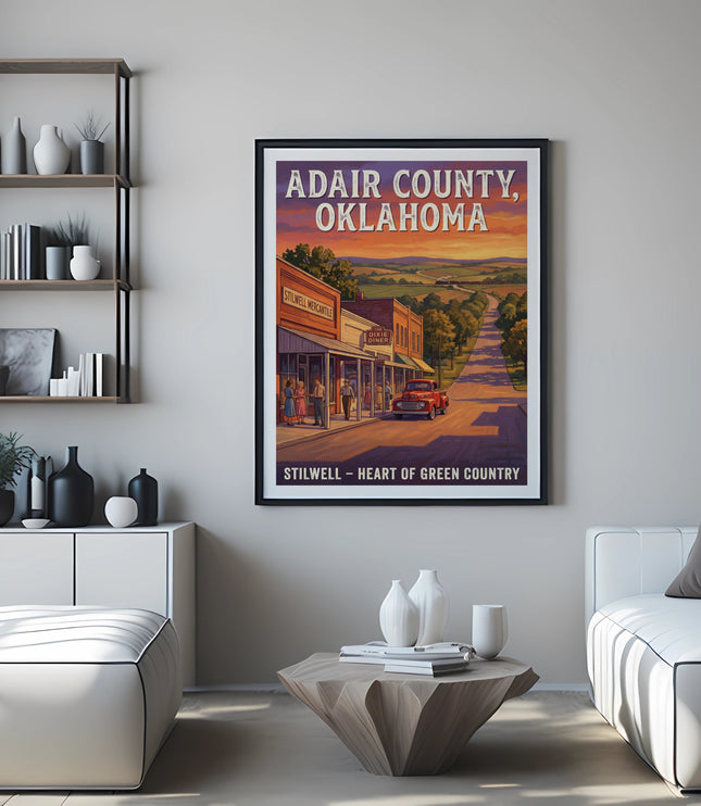 Adair County, Oklahoma poster featuring a vintage street scene with the text Stilwell – Heart of Green Country.