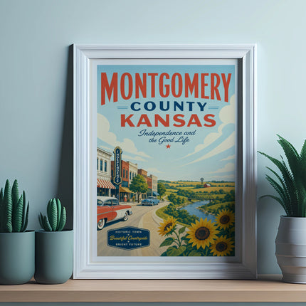 Montgomery County, Kansas vintage travel poster with town and countryside.