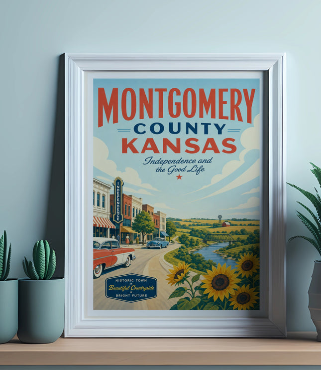 Montgomery County, Kansas vintage travel poster with town and countryside.