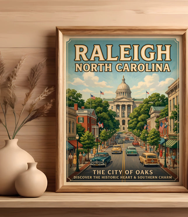 Raleigh North Carolina poster featuring the state capitol building and vintage cars.