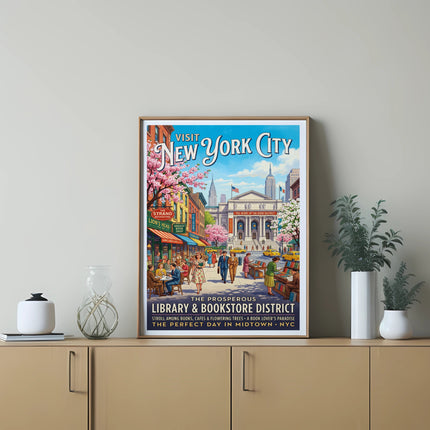 Vintage New York City Library and Bookstore District poster.