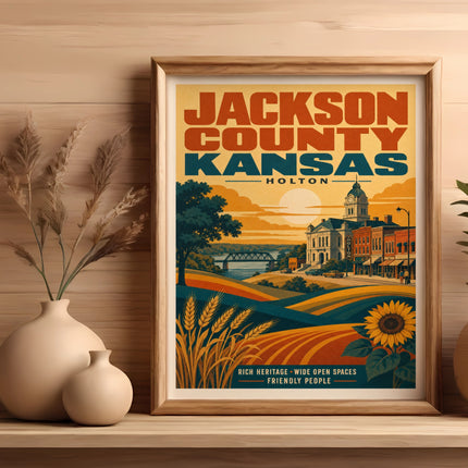 Framed Jackson County, Kansas poster featuring a vintage town scene with fields and sunflower.