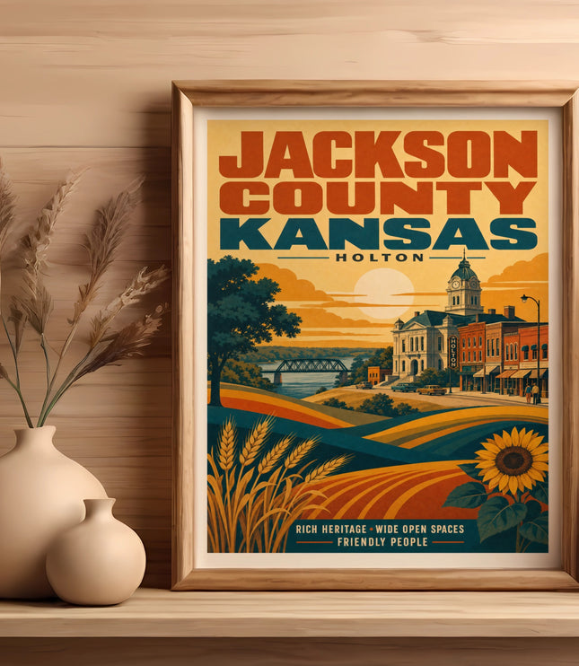 Framed Jackson County, Kansas poster featuring a vintage town scene with fields and sunflower.