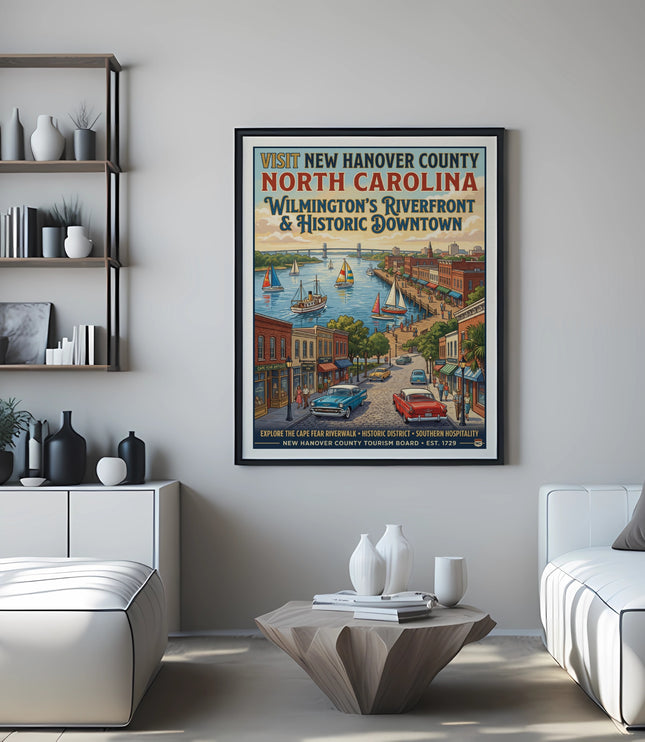 Vintage travel poster for New Hanover County and Wilmington's Riverfront.