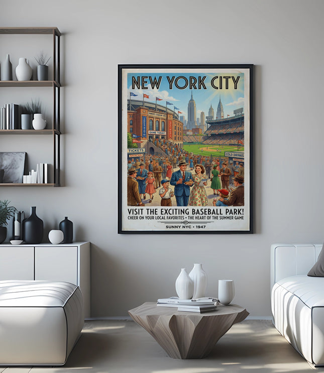 New York City baseball park poster with text "Visit the Exciting Baseball Park!"